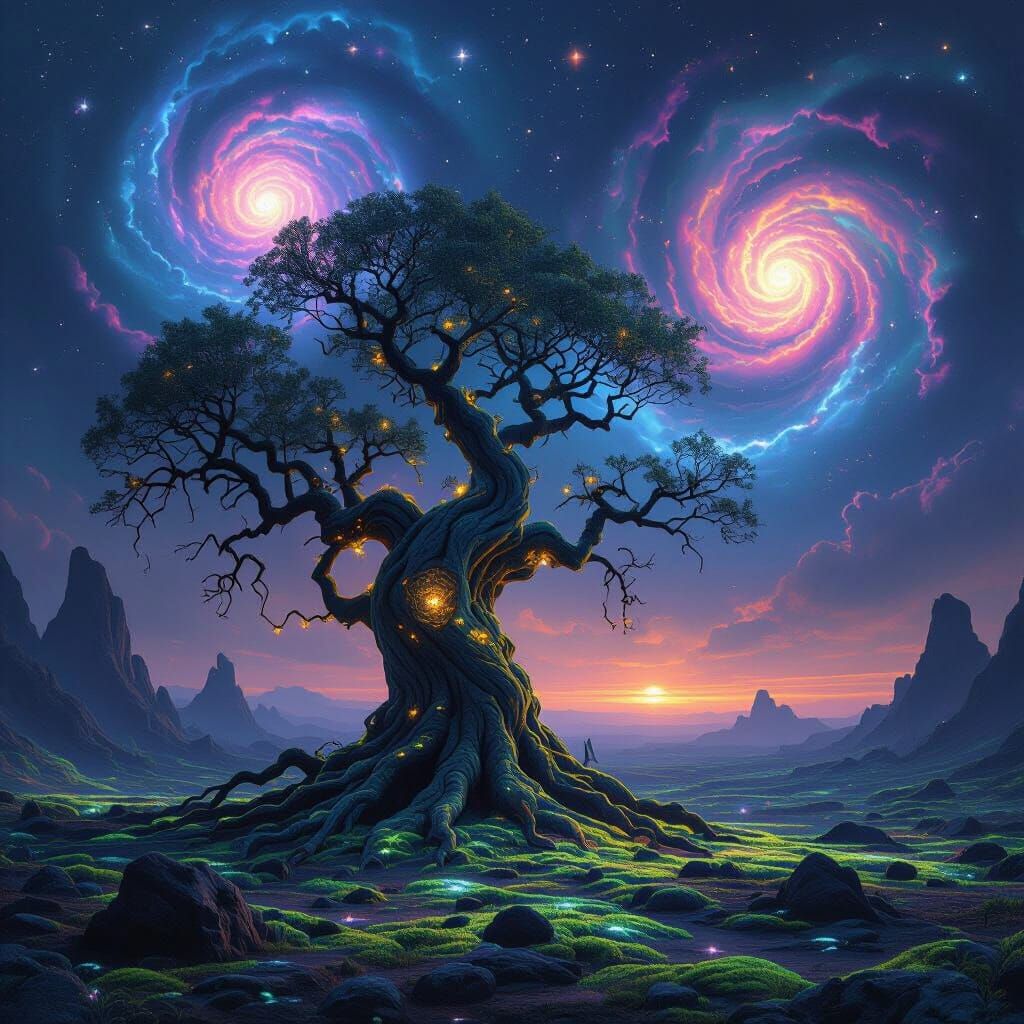 Ancient Alien Tree Under Twin Nebulae, Bioluminescent Forest