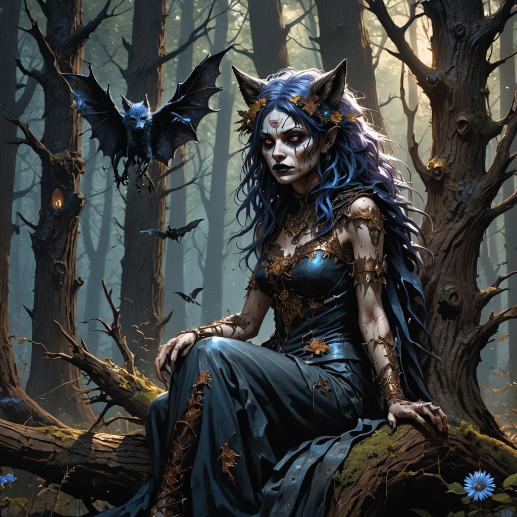 Decayed Werewolf Girl in Dark Fantasy Forest
