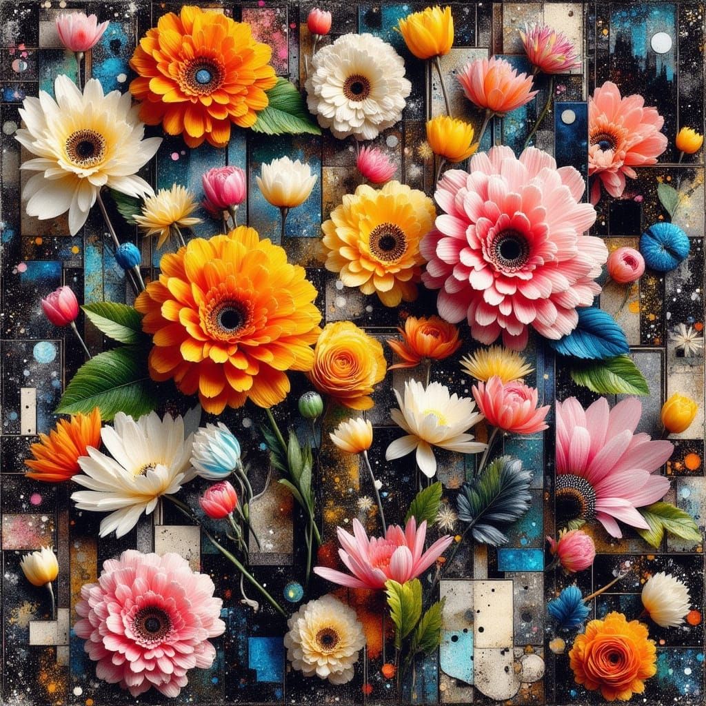 Vibrant Neo-Cubist Floral Mosaic