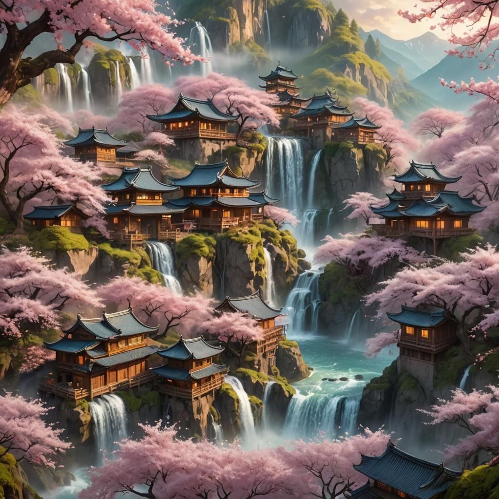 Serene Village in Misty Mountains: Fantasy Concept Art