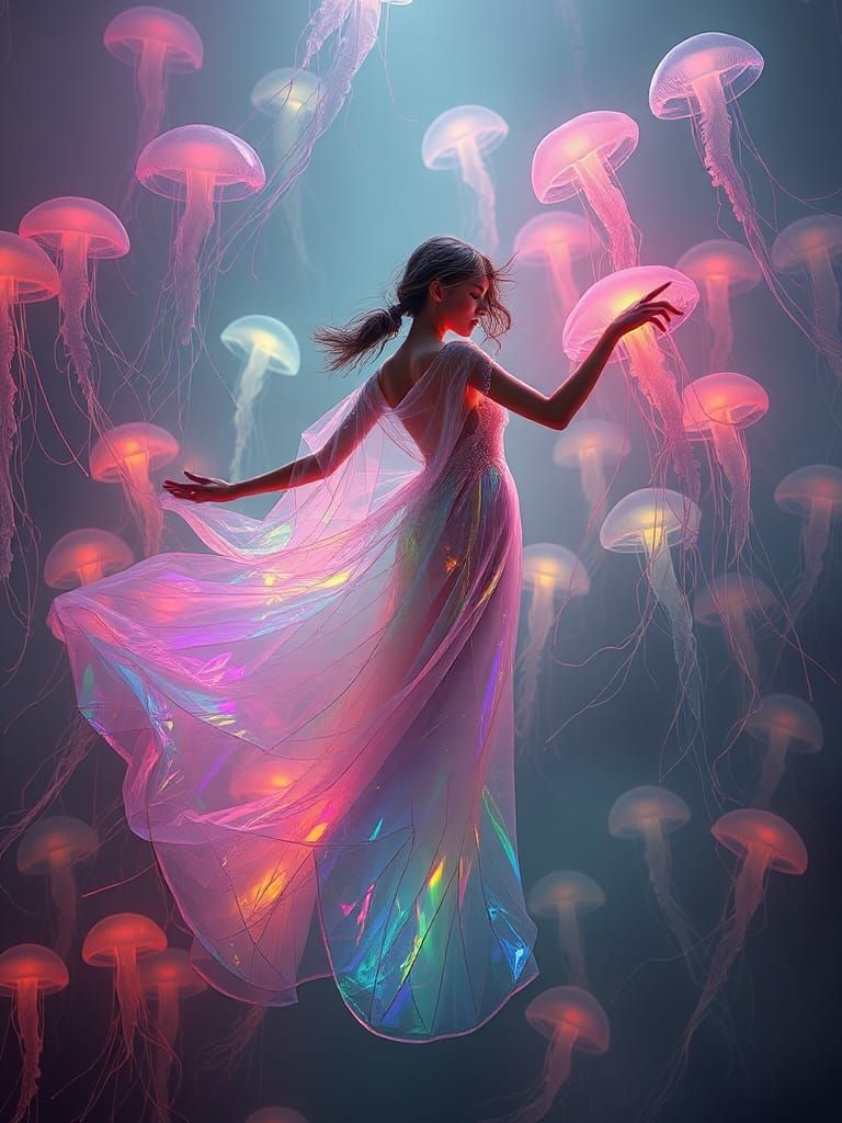 Iridescent Muse Dancing with Neon Jellyfish
