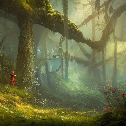 Elves in Bioluminescent Forest: Fantasy Matte Painting