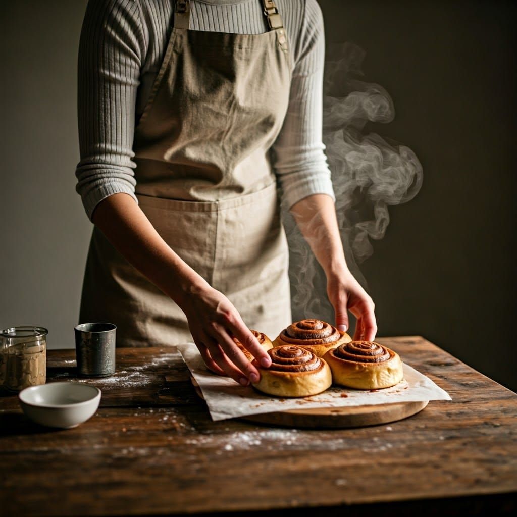 Warm Cinnamon Rolls on a Rustic Wooden Table