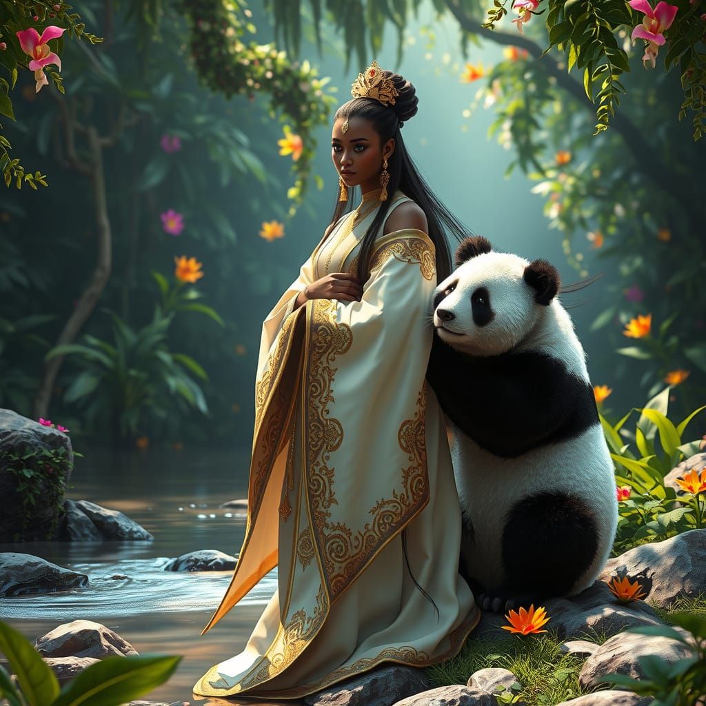 Ethereal Priestess Surrounded by Lush Jungle