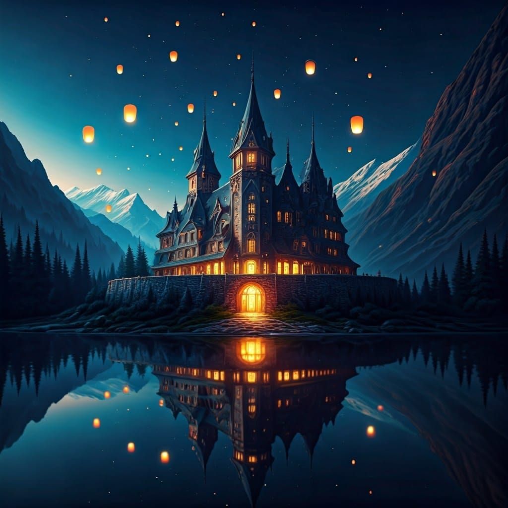 Mystical Chateau Under Starry Sky with Lanterns