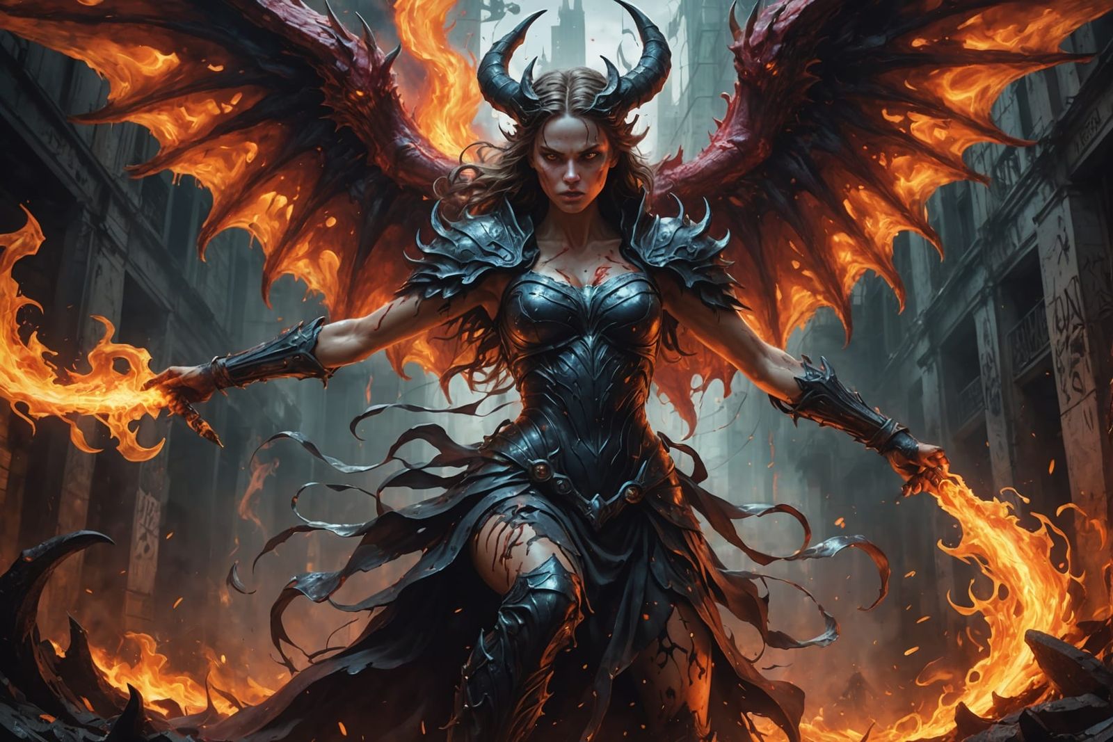 Angelic Woman Battles Demon in Infernal Depths