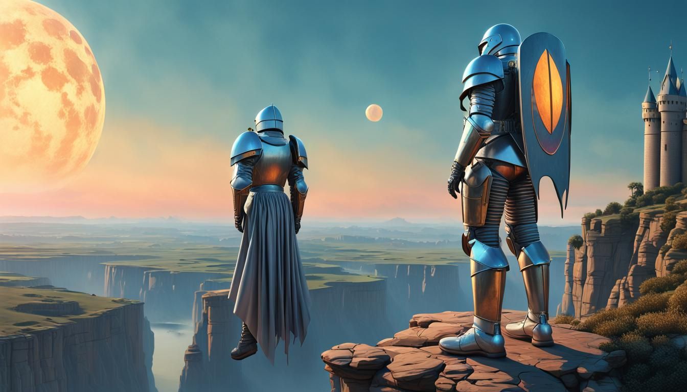 Futuristic Knight on Cliffside, Retro Sci-Fi Art