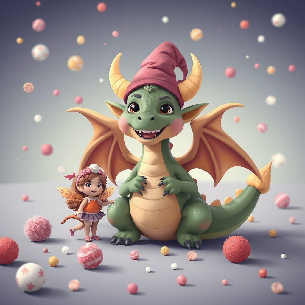 Cartoon Dragon Wizard with Pom-Pom Fairies