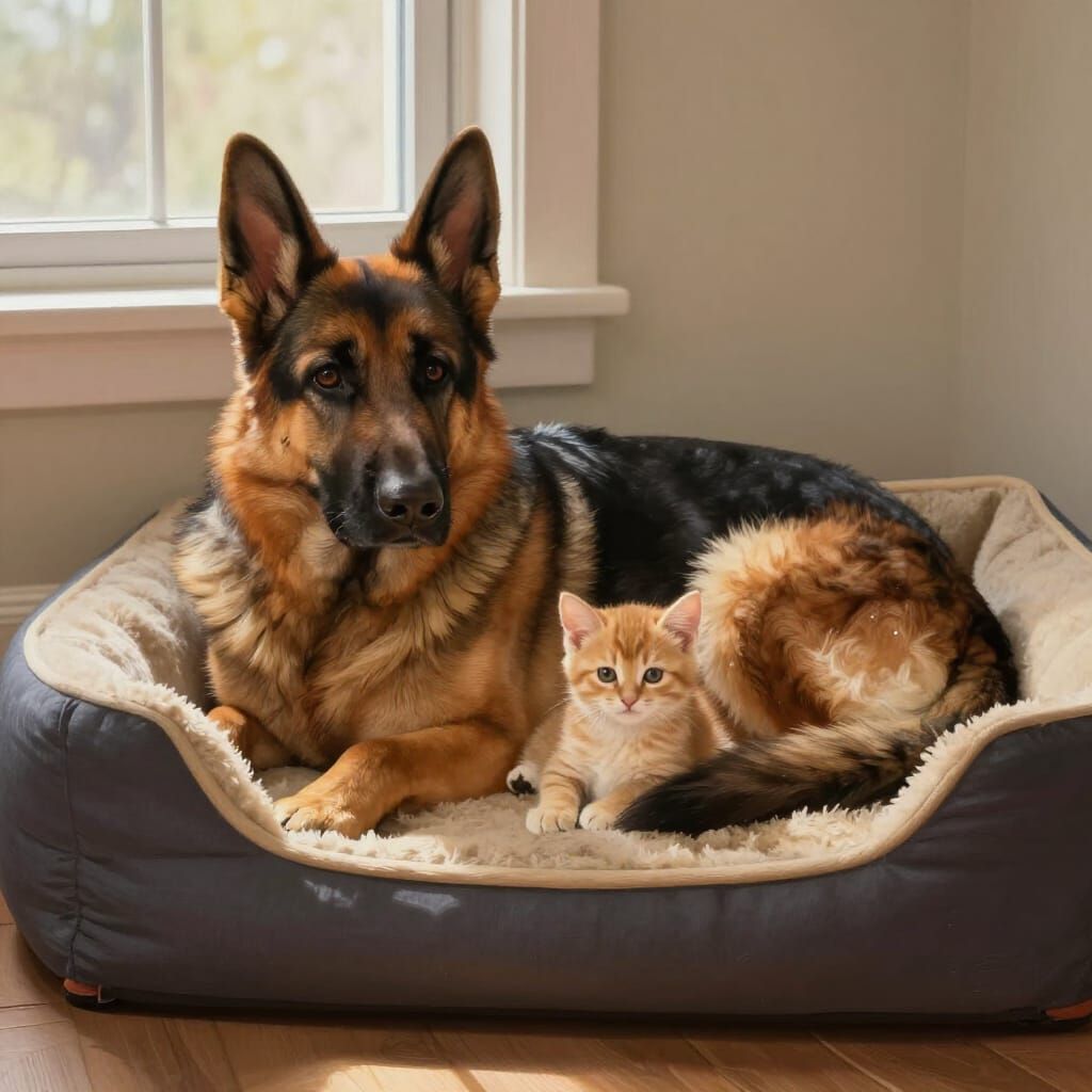 German Shepherd Protects Tiny Kitten in Dog Bed