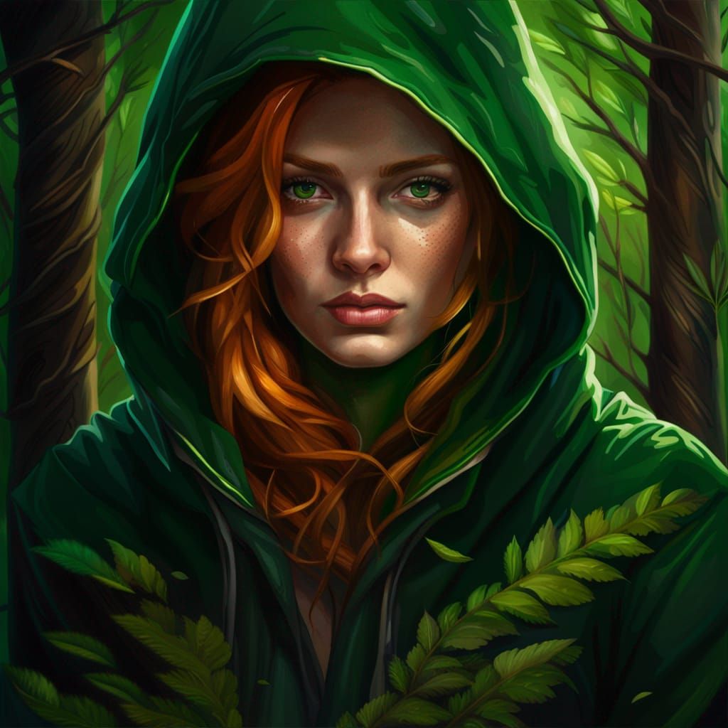 A woman with ginger hair and green eyes wearing a deep green hood, satin texture hood, forest surrounding Hyperrealistic...