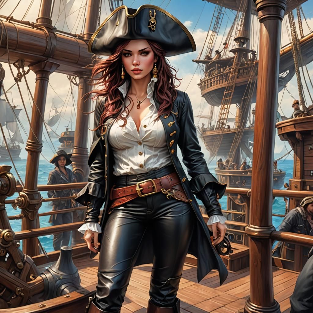 Pirate Woman on Deck in Digital Art Style