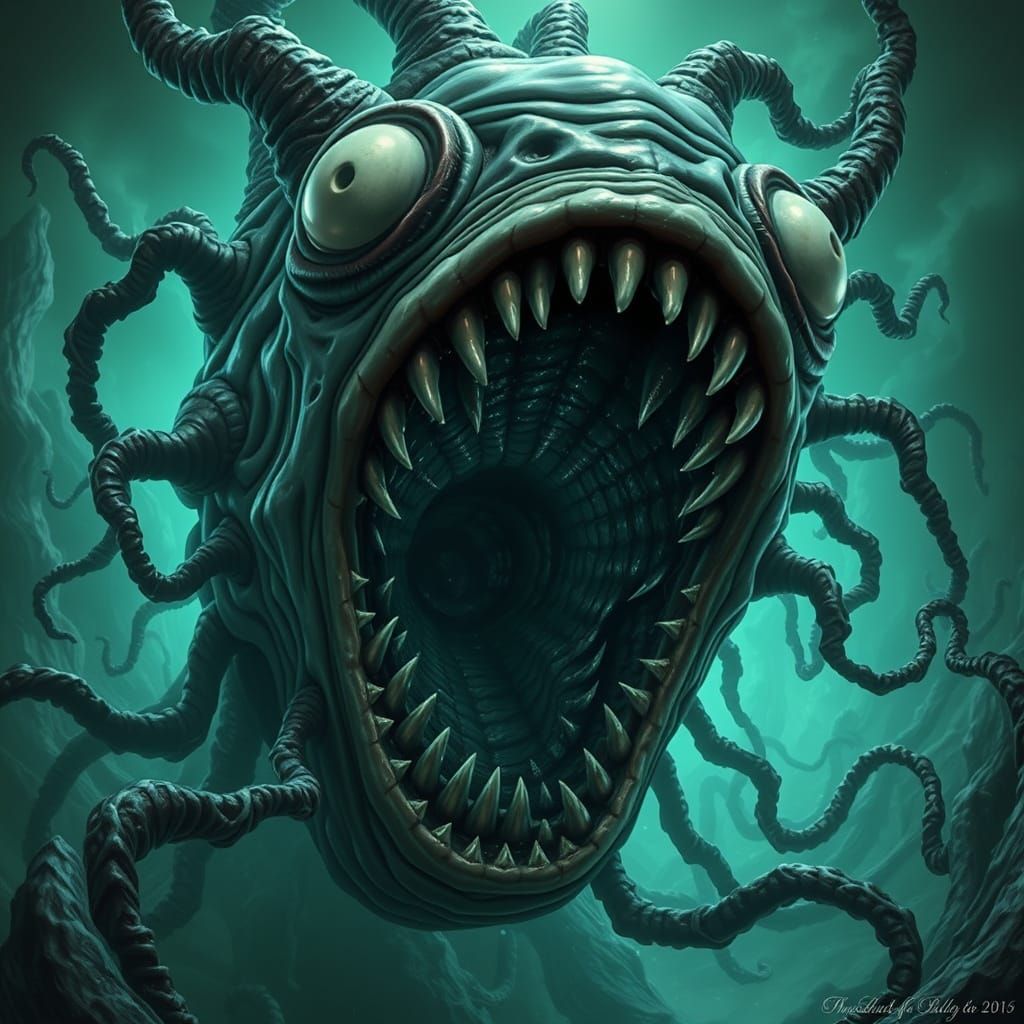 Grotesque Swimming Head with Void-like Mouth and Tendrils