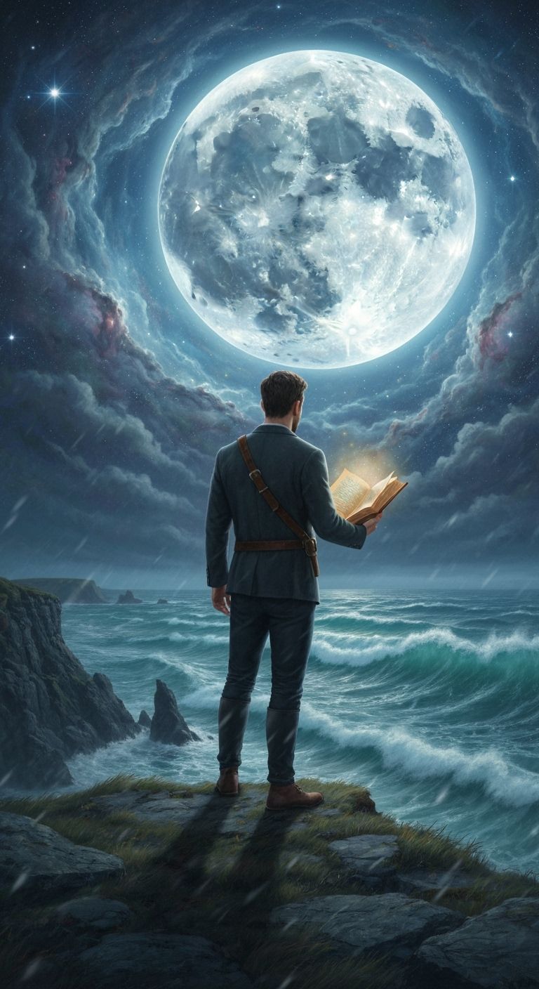 Irish Man on Cliff Under Nebula Sky