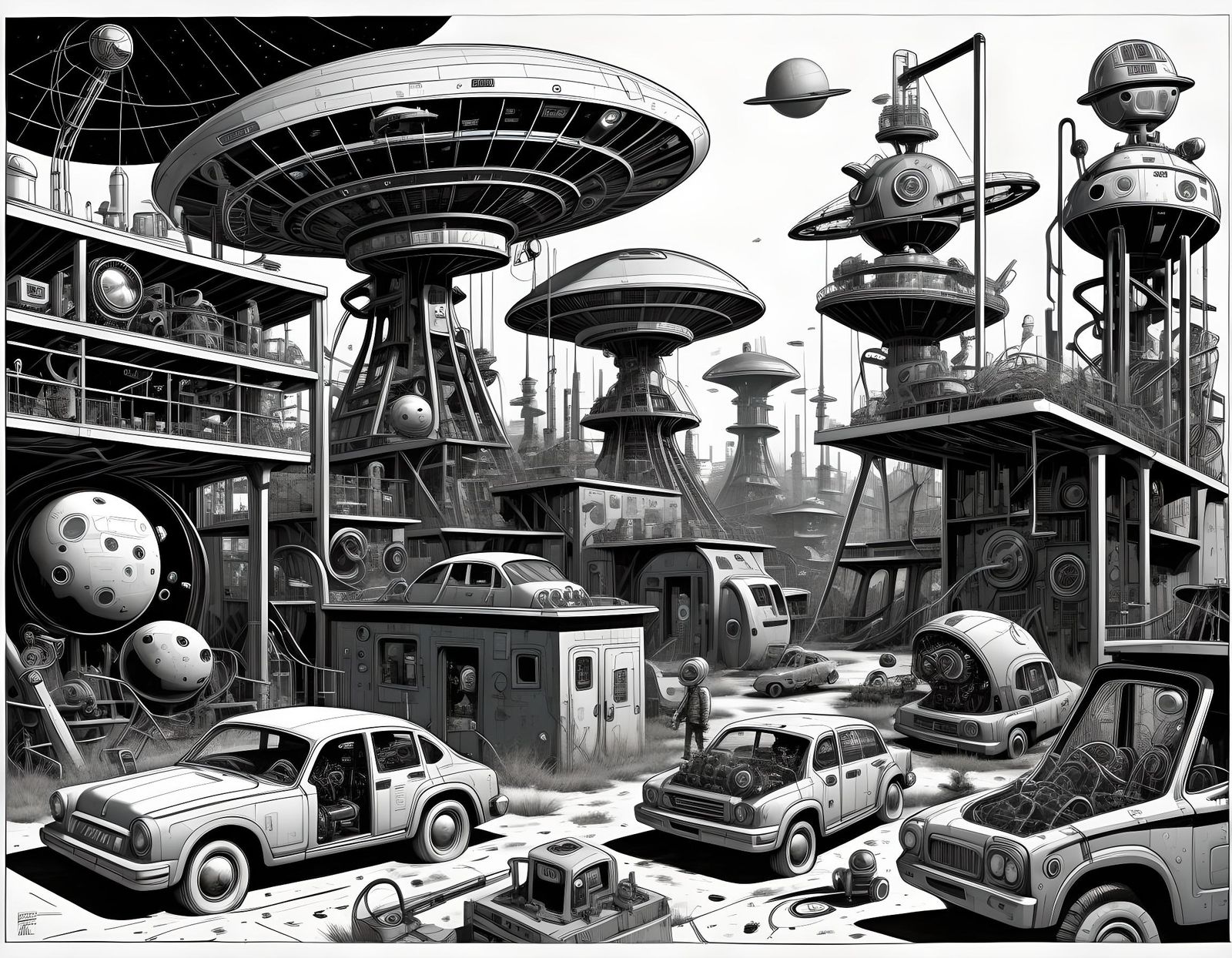 Science Fiction Recovery Yard in Humorous Illustration Style