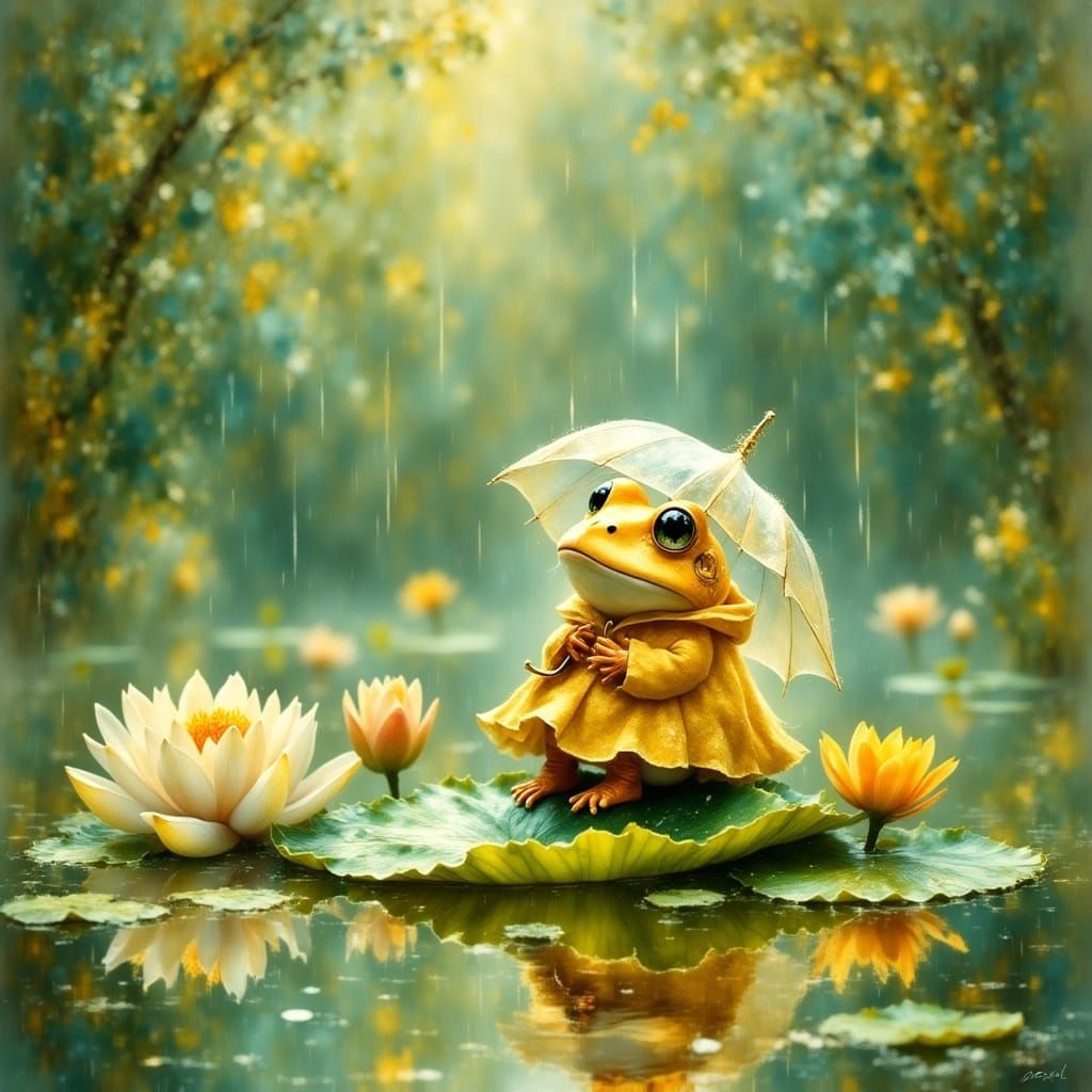 Whimsical Frog in Rainy Pond Scene, Inspired by Claude Monet