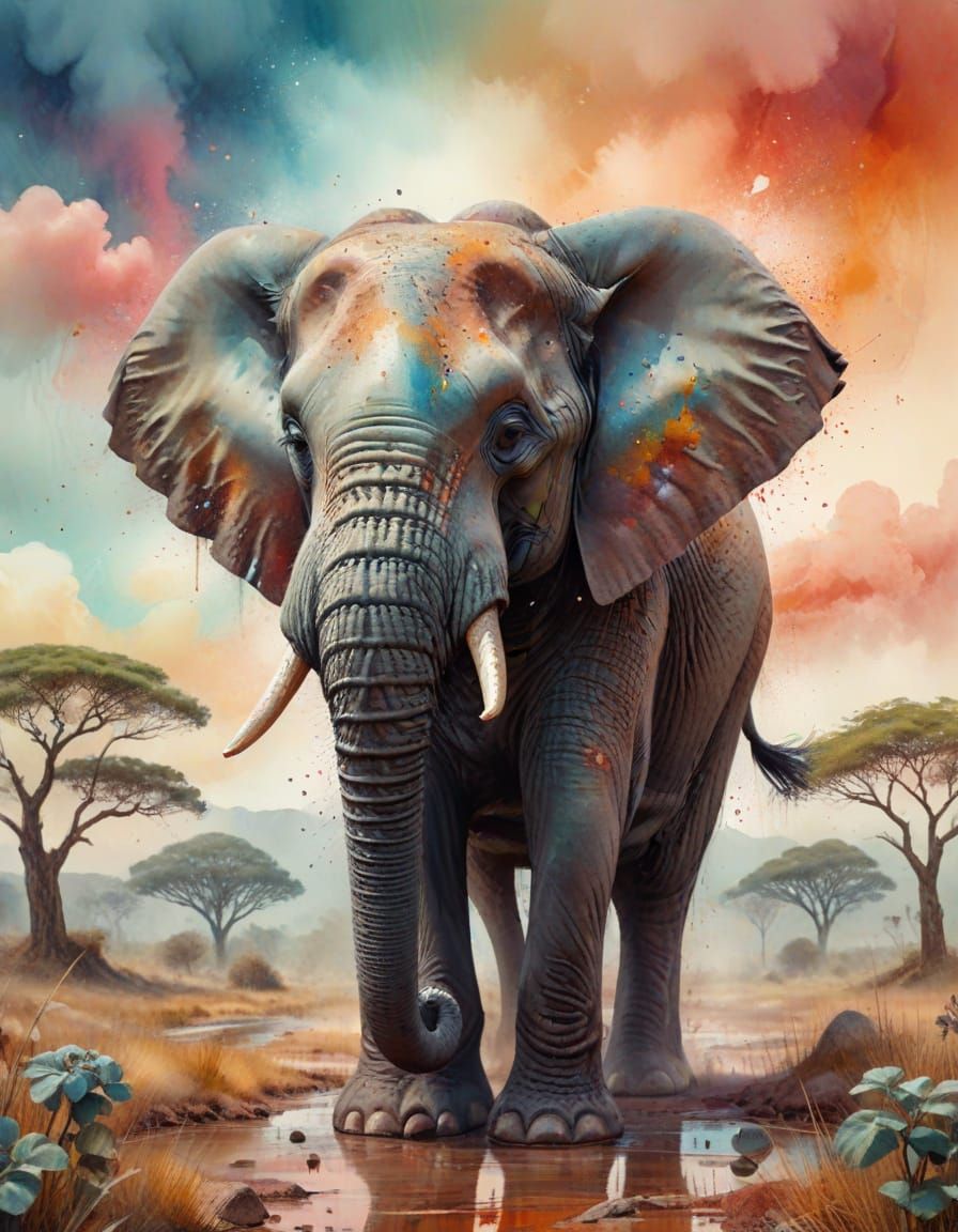 Surreal Elephant with Human Head in Watercolor Style