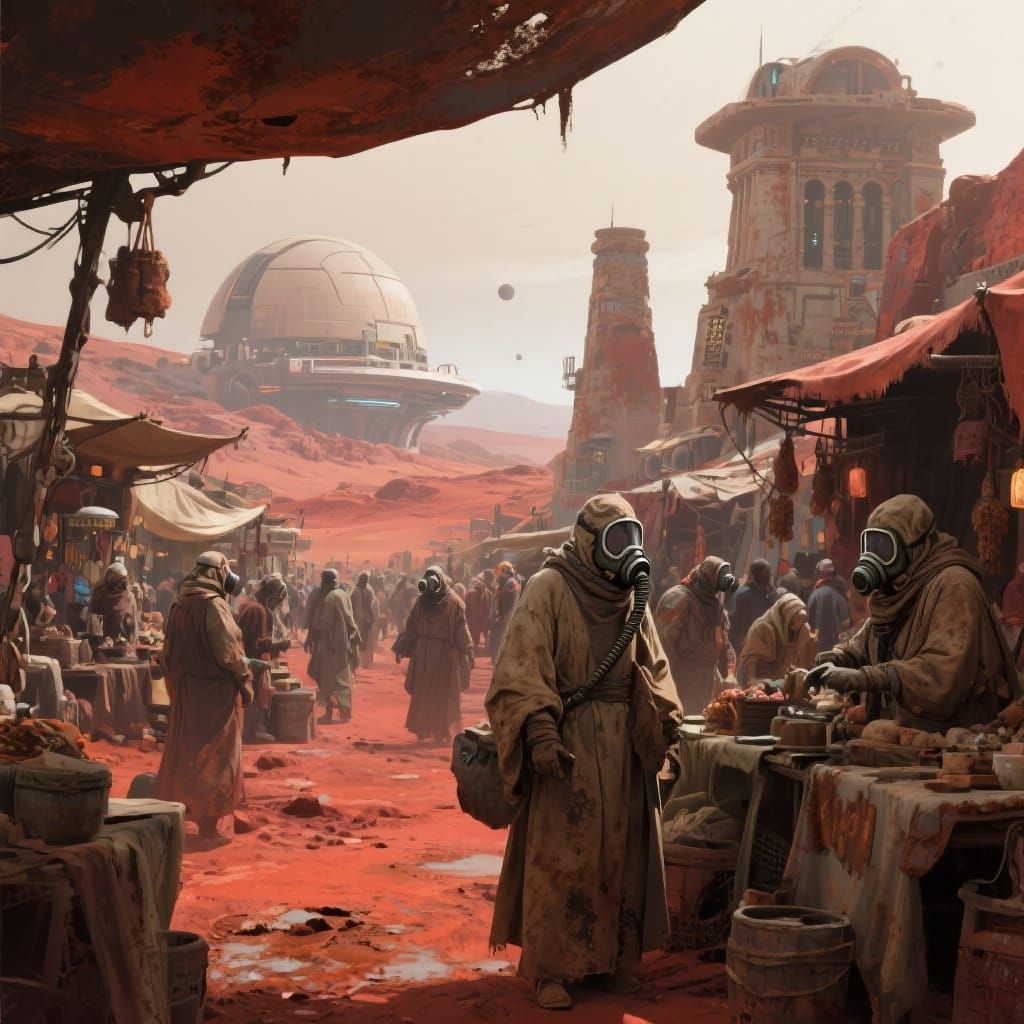 Bustling Market on Mars in Gritty Surreal Style