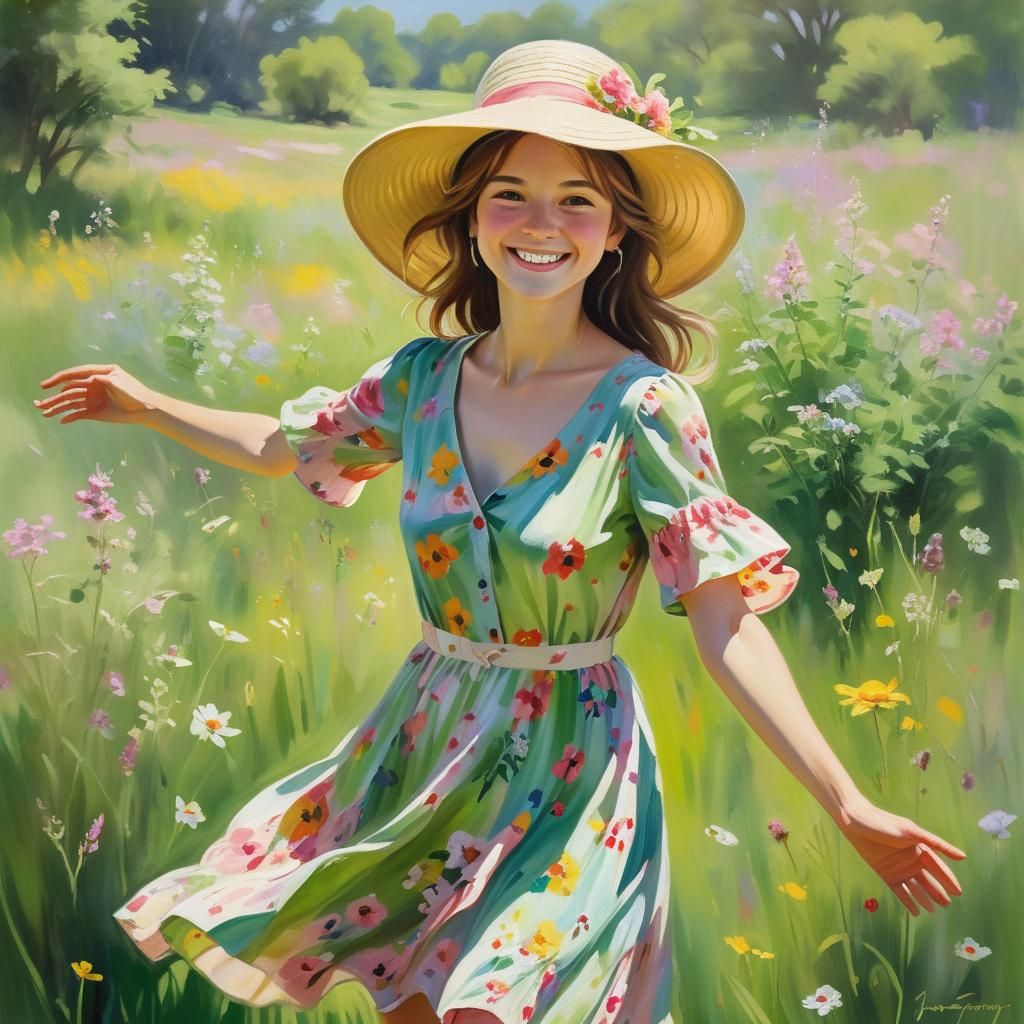 Woman in Floral Dress in Lush Meadow, Impressionistic Oil Pa...