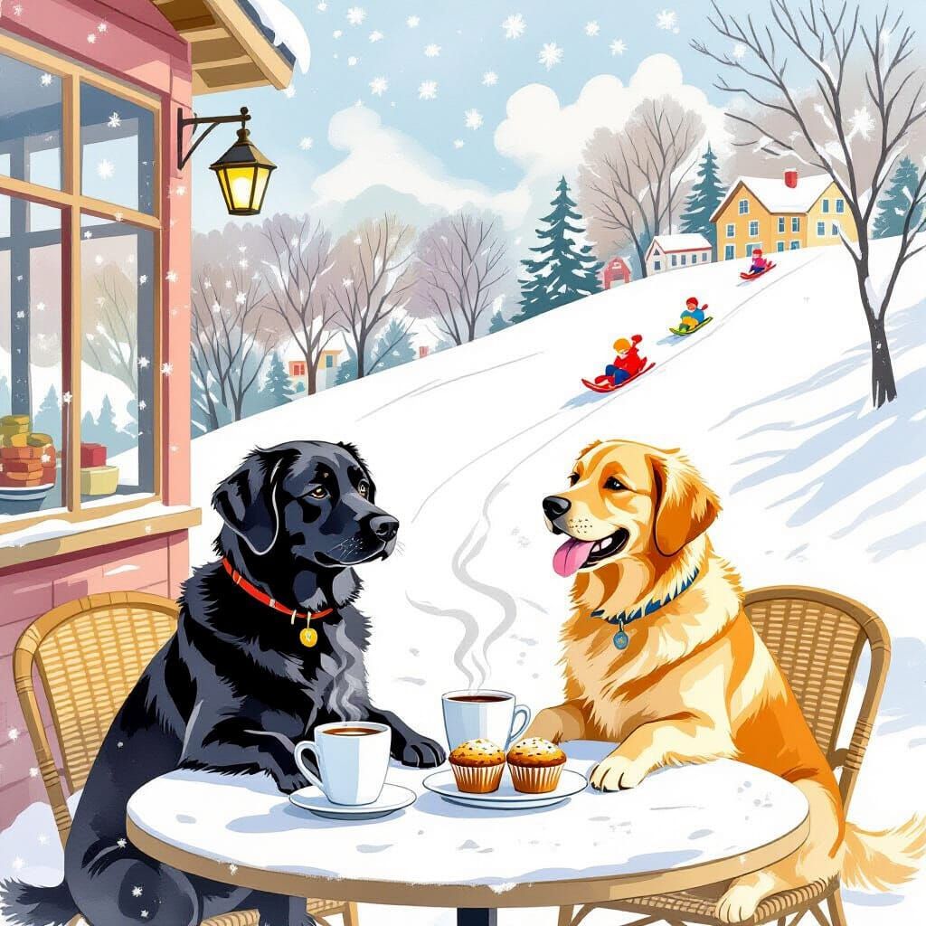 Dogs Enjoy Coffee at Hillside Cafe in Whimsical Watercolor S...