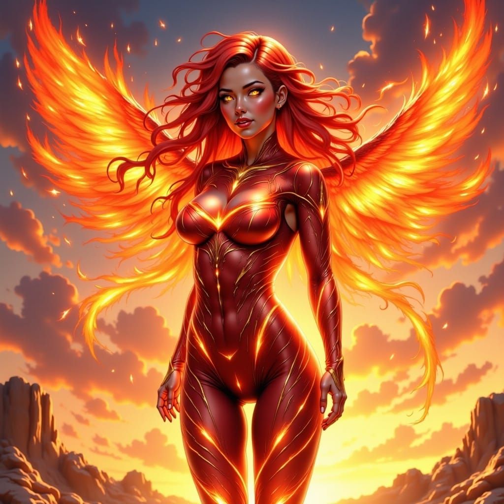 Phoenix Woman with Flaming Hair in Anime Style