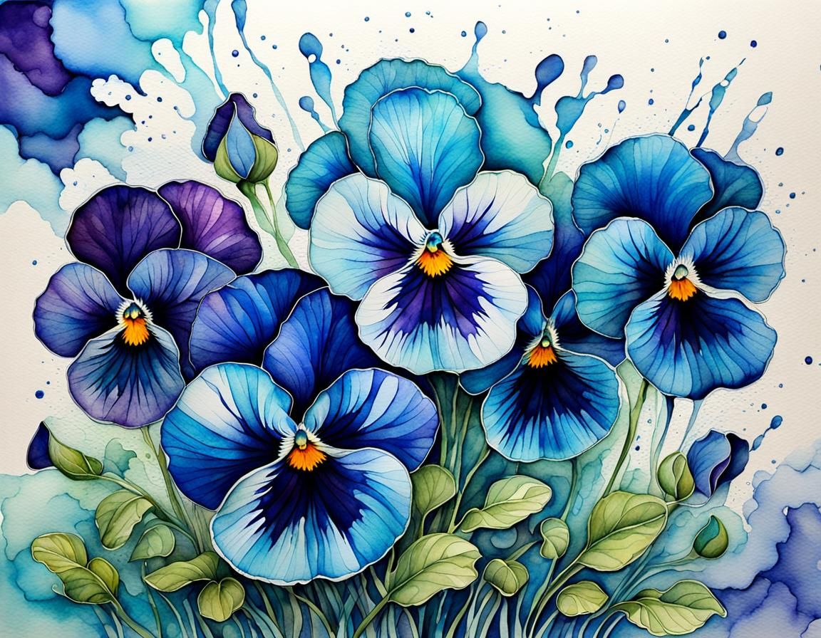 Blue Pansies with Ink Splashes, in Watercolor Style