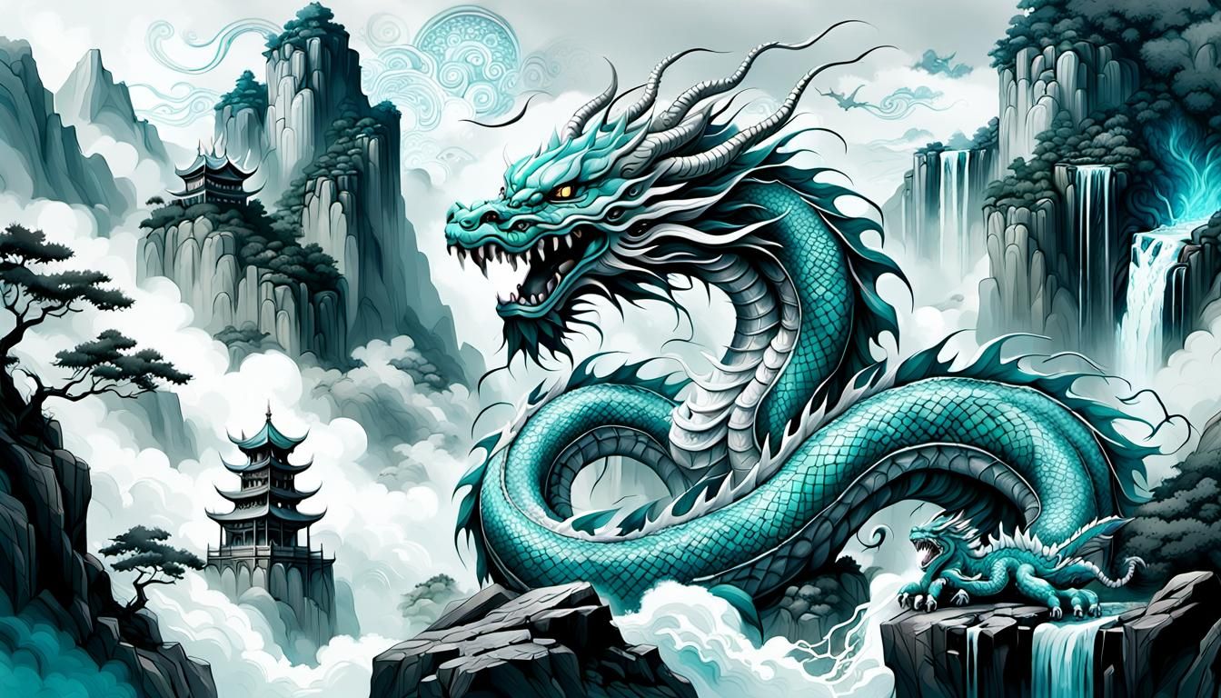 Chinese Dragon Over Misty Mountains, Digital Painting