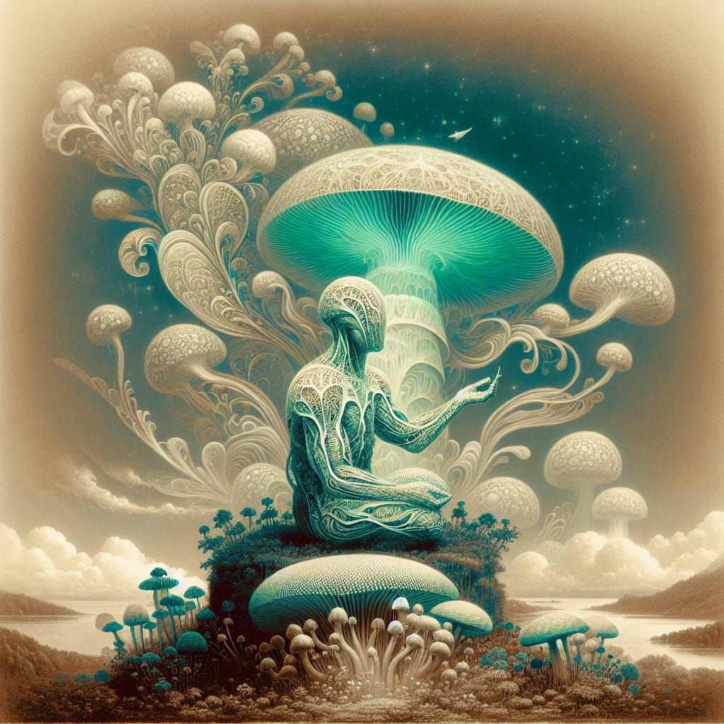 mushroom person, flourescent, in the style of an William Rog...