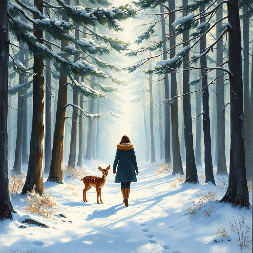 Winter Forest Walk in Gouache Impressionism Style
