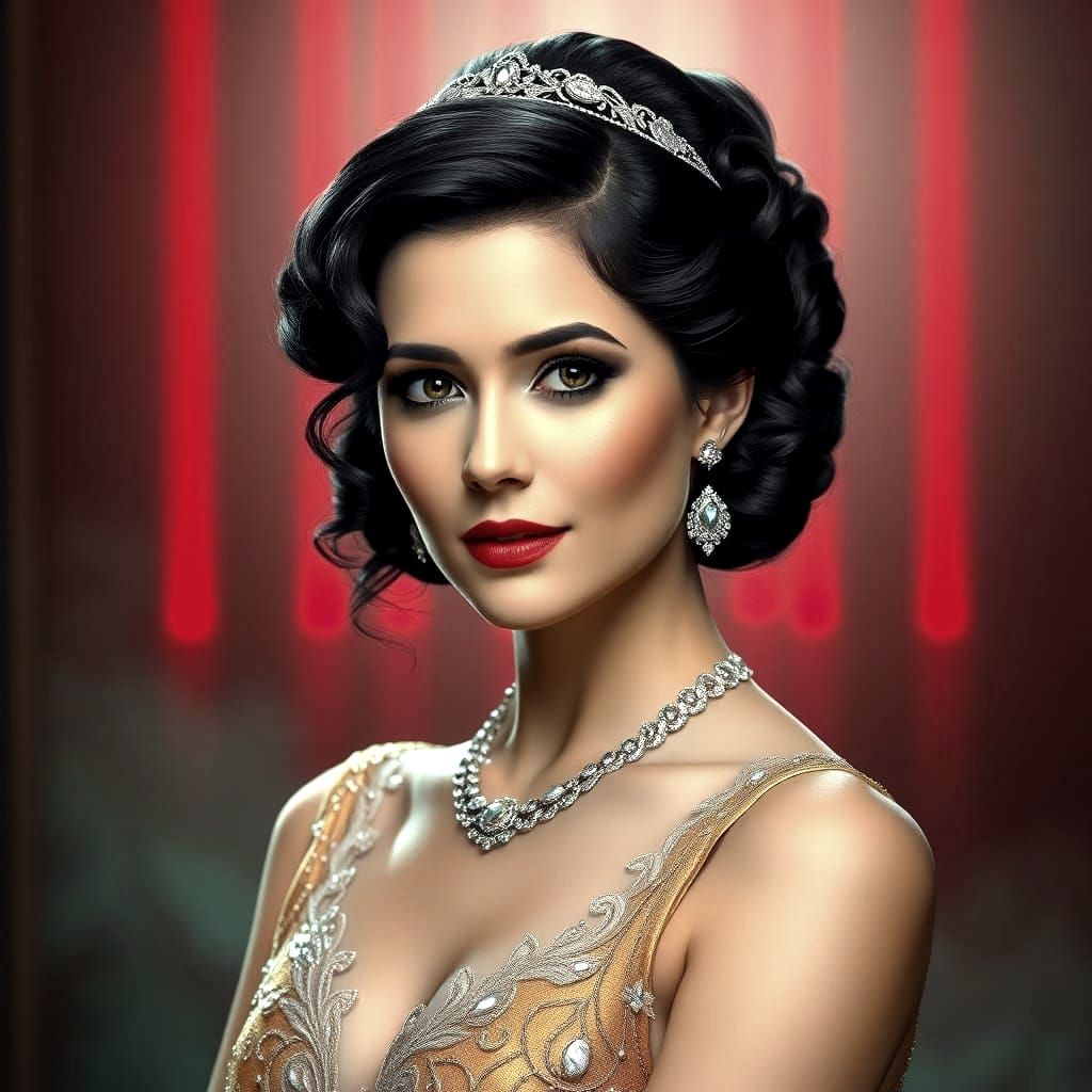 Glamorous 1930s Woman in Gold and Silver Gown