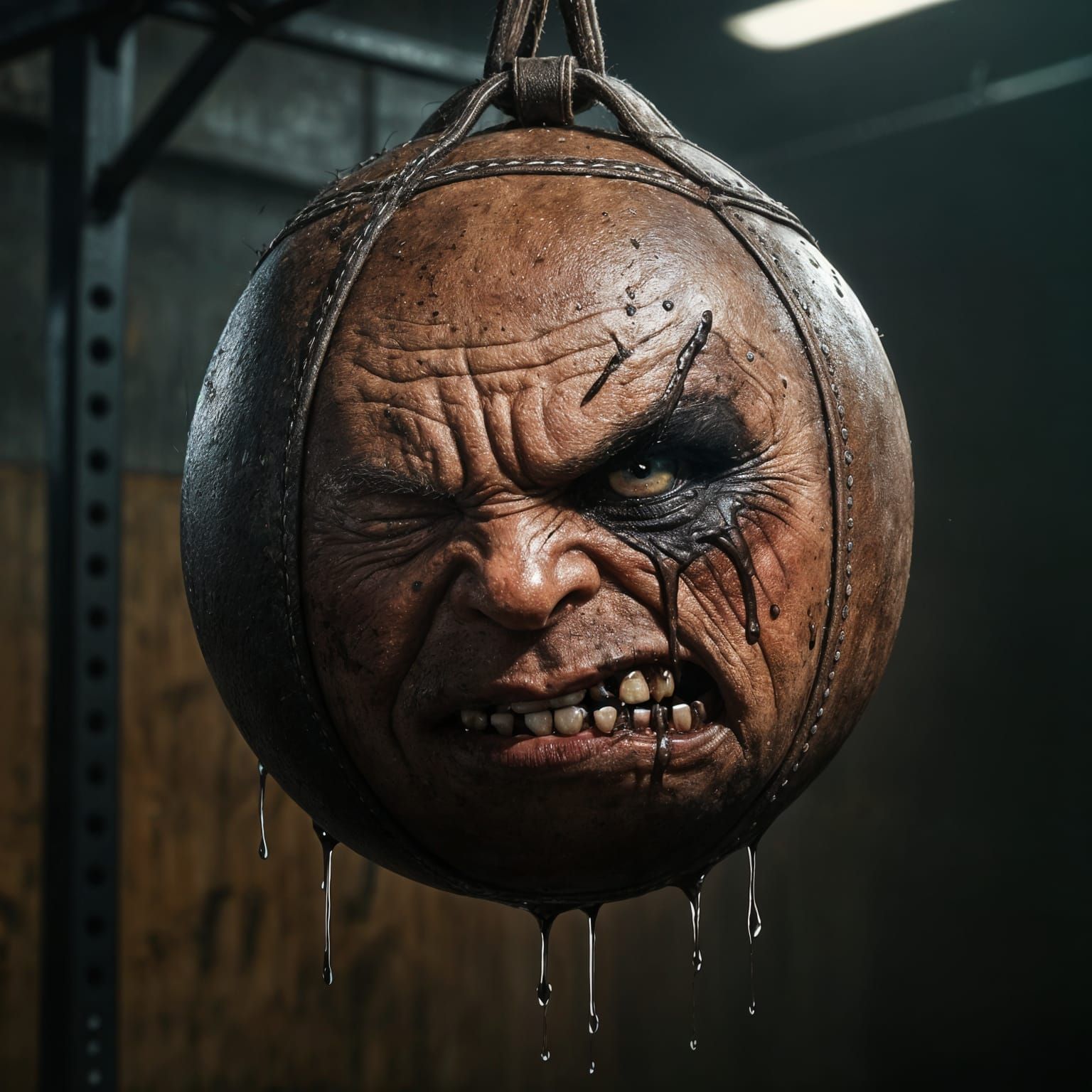 Gritty Realism Punching Bag With Bruised Face