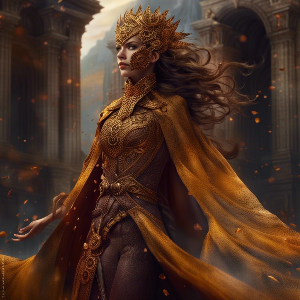 Golden Woman on Marble Steps: Fantasy Art