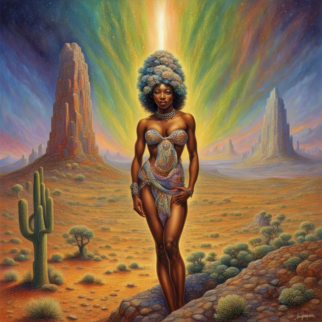 Nigerian Beauty at Desert Monolith in Hypermodern Style