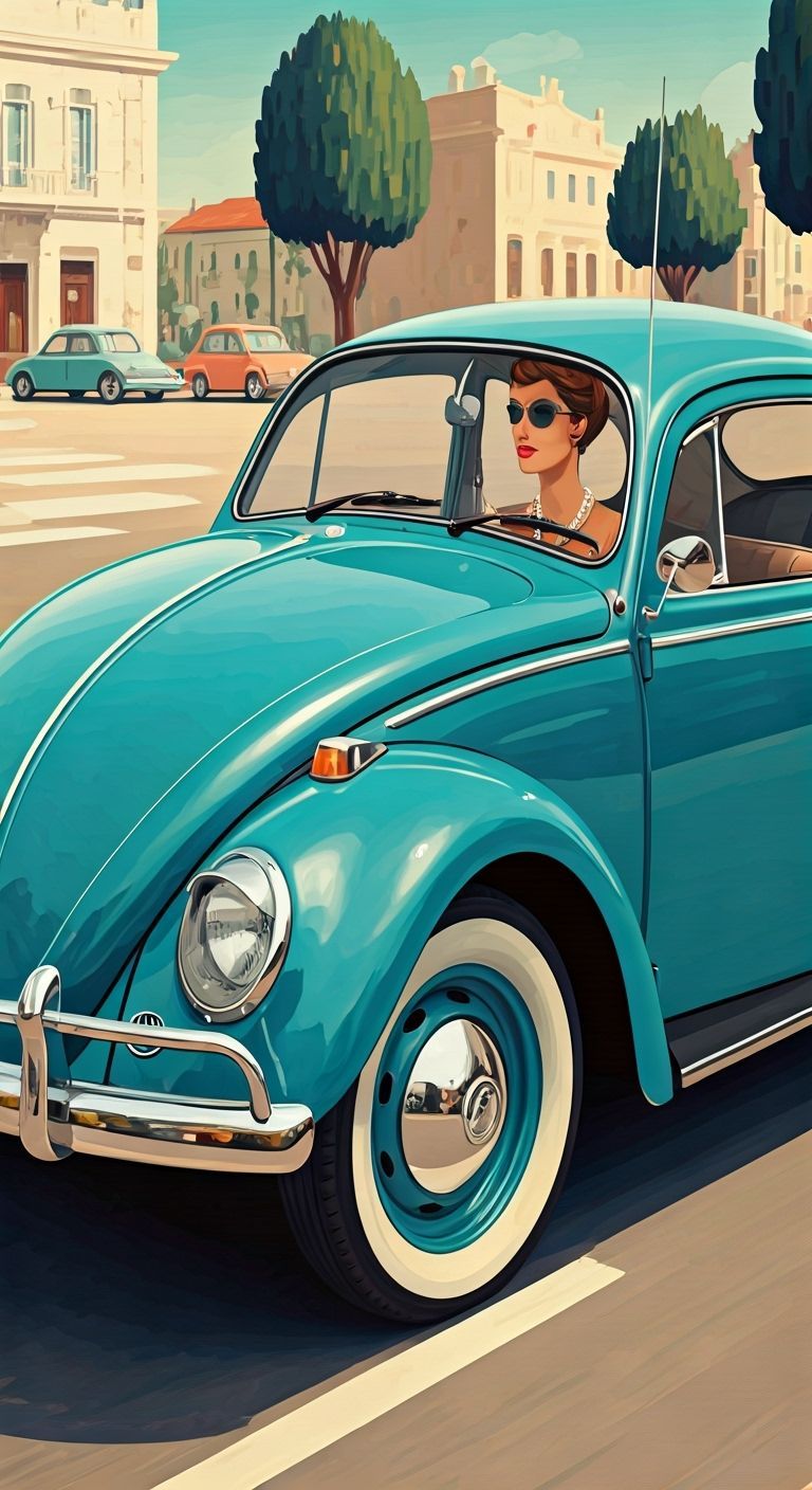 Woman Drives Vintage Beetle in 1960s Nostalgic Scene
