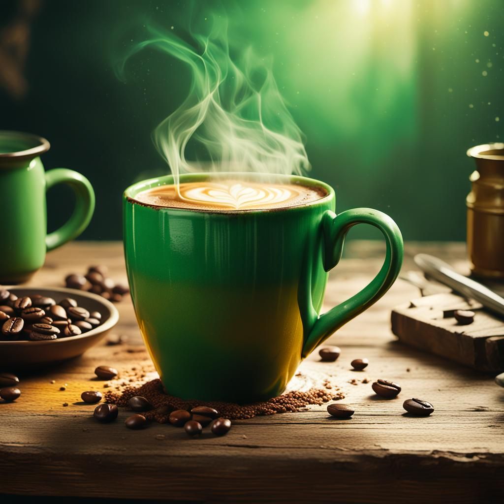 Coffee in Green Mug: Cinematic Digital Painting