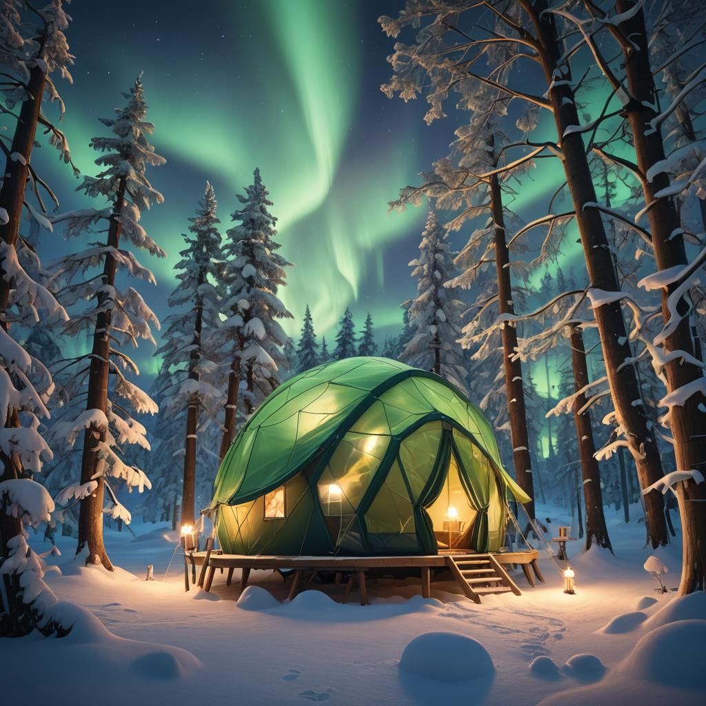 Fantastical Treehouse Bubble Tent Under Northern Lights