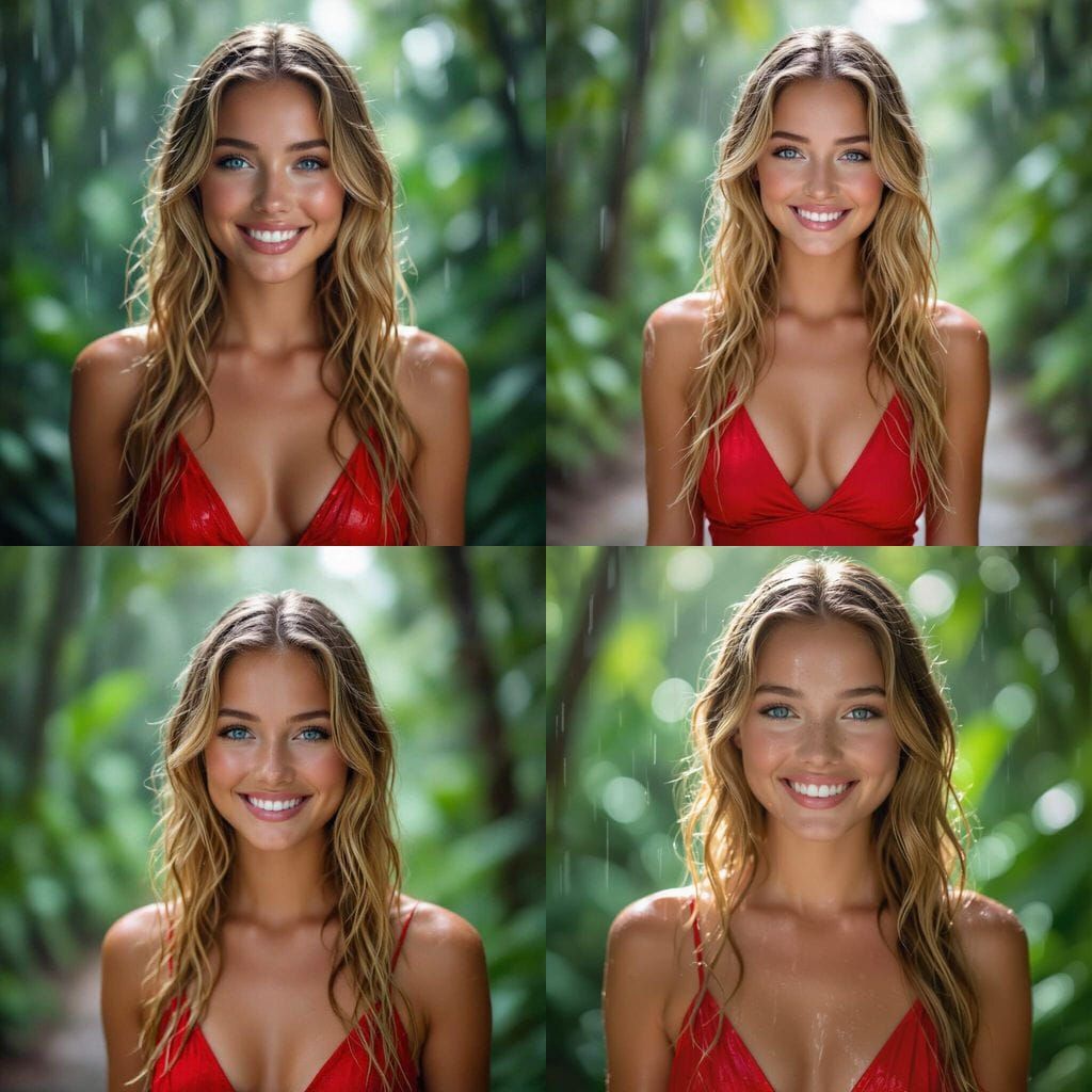 Smiling Blonde Woman in Red Dress in Tropical Rain