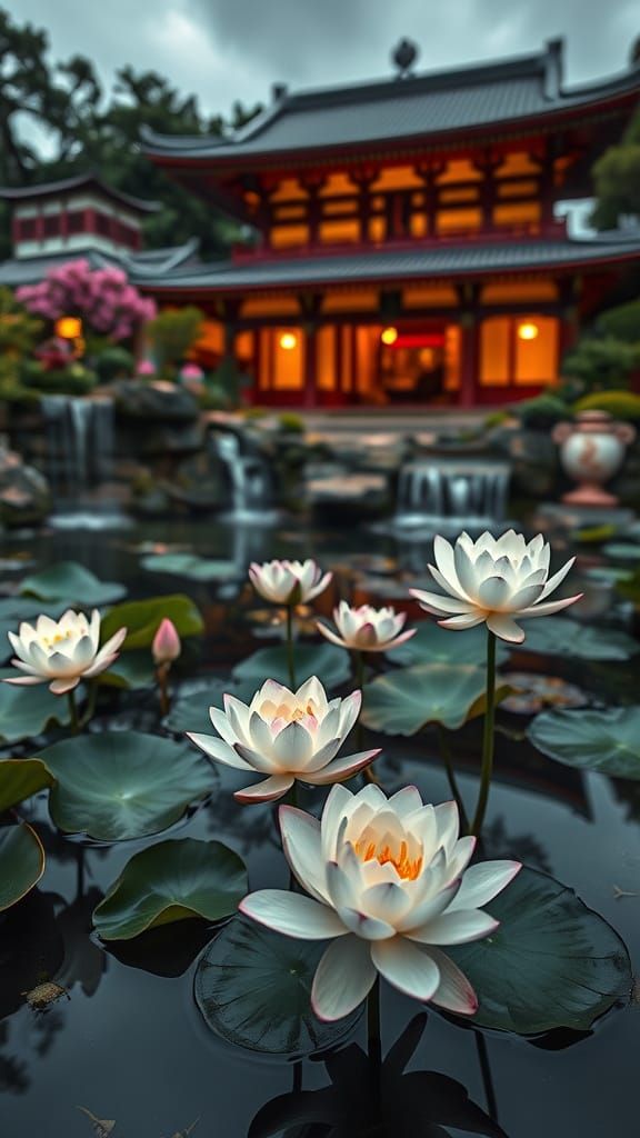 Zen Garden: Lotus Flowers and Shinto Temple