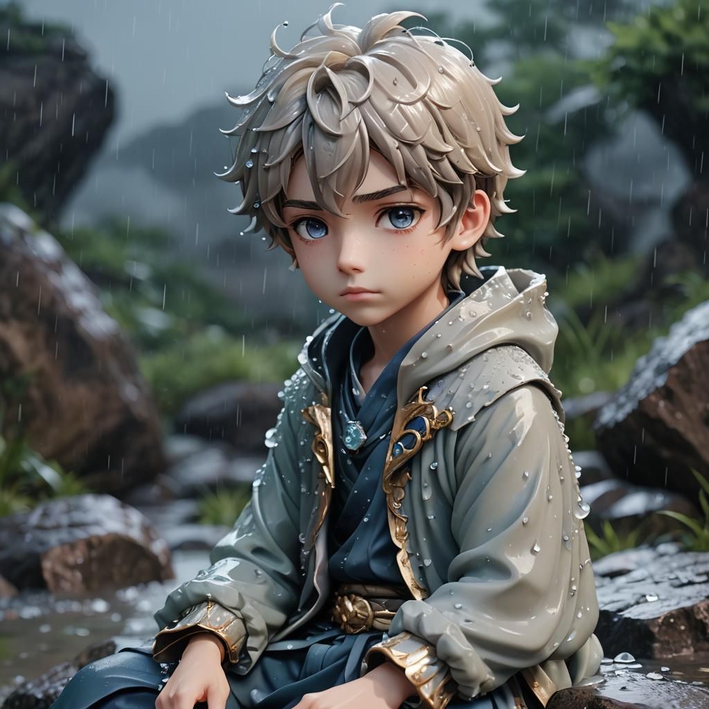 Sad Prince in Rain: 3D Anime Portrait