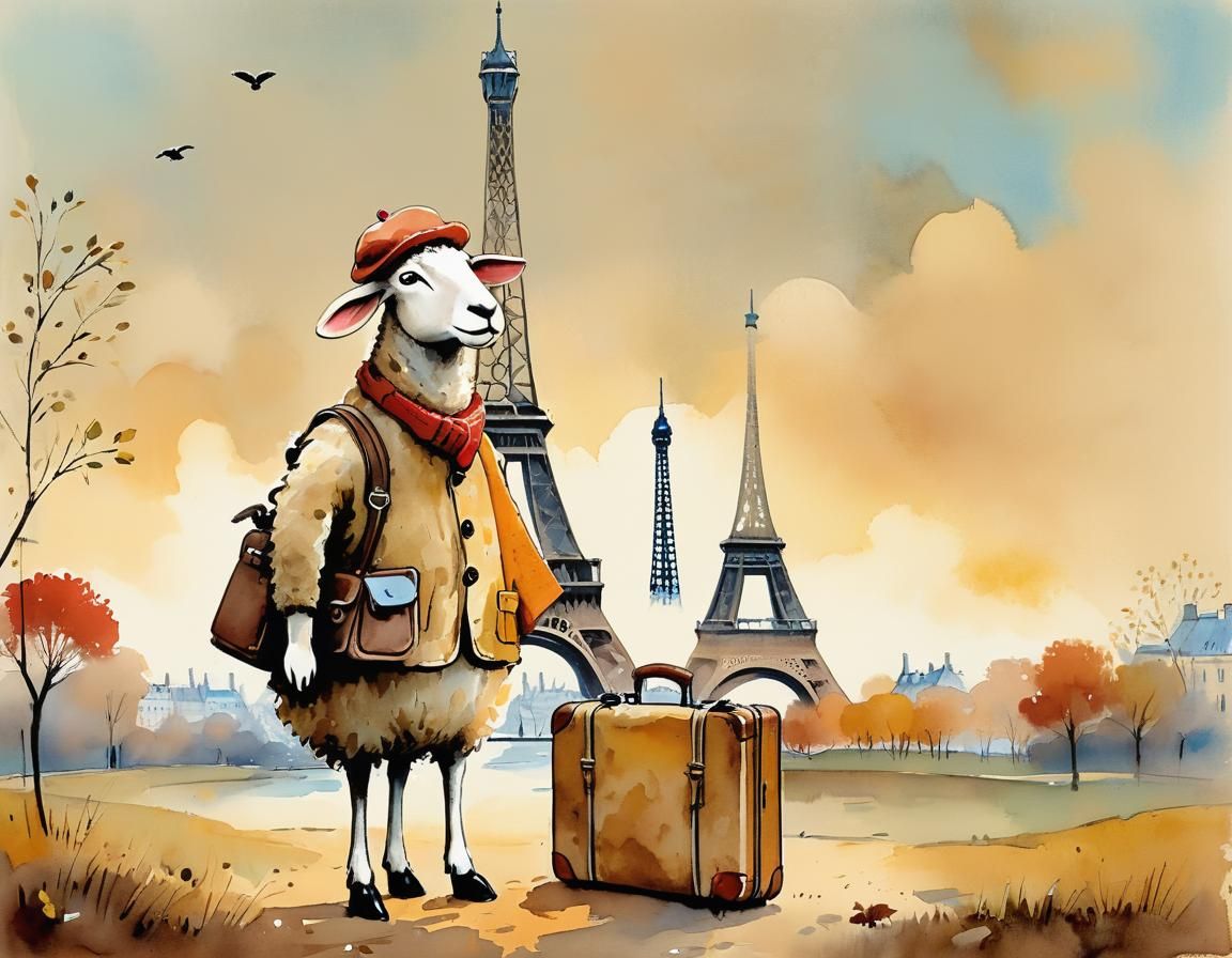 Sheep's Paris Vacation in Naive Folk Art Style