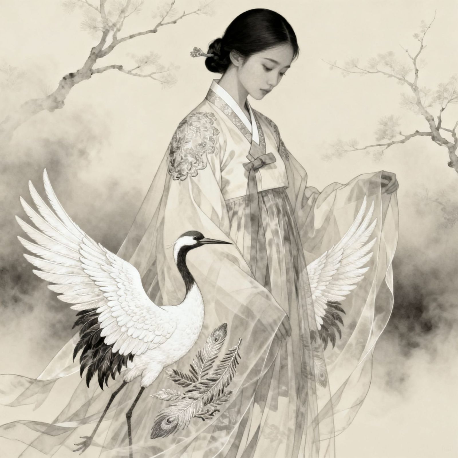 Manhwa Style Woman with Crane Wings in Ivory Scheme