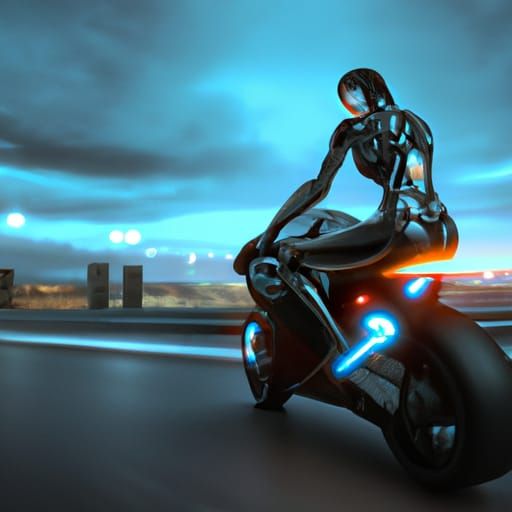 Cyberpunk Android on Motorcycle in Neon Cityscape