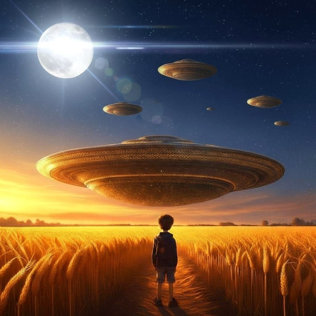 Boy Awestruck by Starship in Golden Field