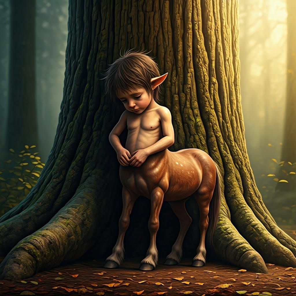 Weary Centaur Child in Mystical Forest, Fantasy Art