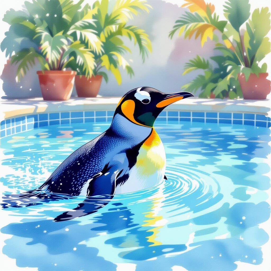 Penguin's Joyful Swim: Impressionist Watercolor Painting