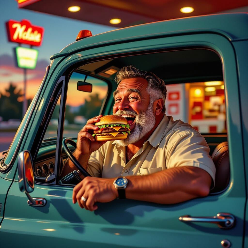 Jovial Man Eats Cheeseburger in Vintage Truck at Drive-Thru