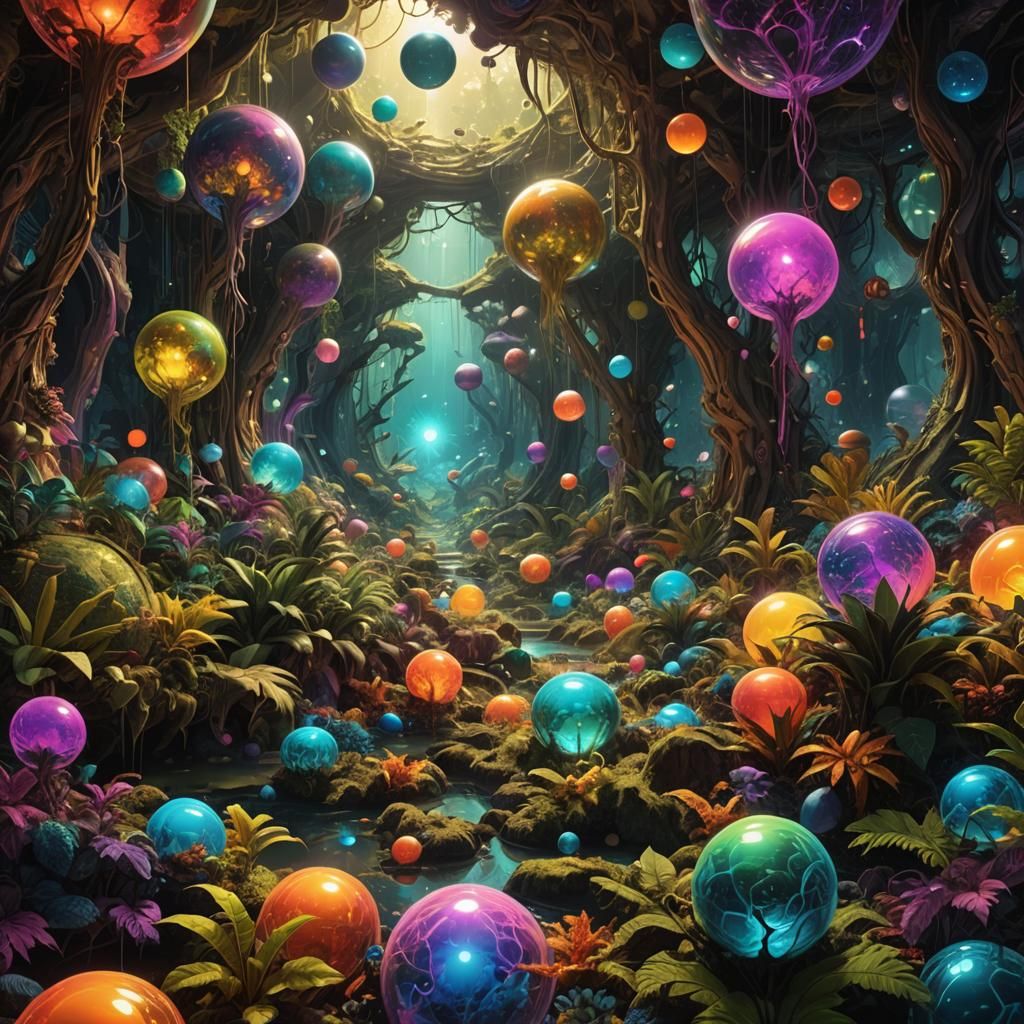 Neon bright Alien jungle of glowing fractal marked floating ...