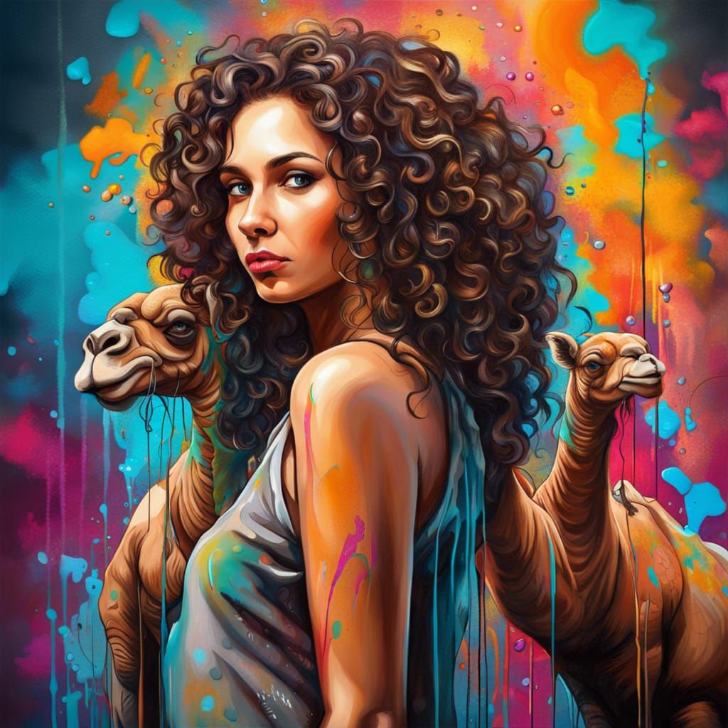 Brunette Woman with Three-Headed Camel Graffiti Art