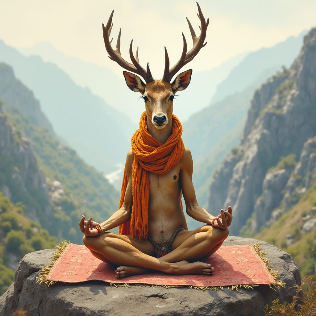 Meditating Deer in Himalayan Landscape, Watercolor Style