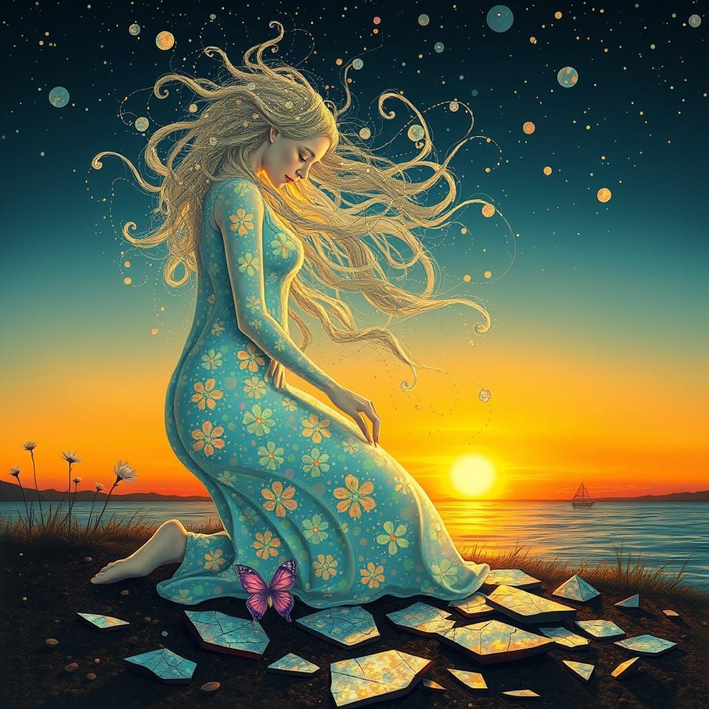 Ethereal Goddess Blodeuwedd Dancing in Vibrant Sunset Light