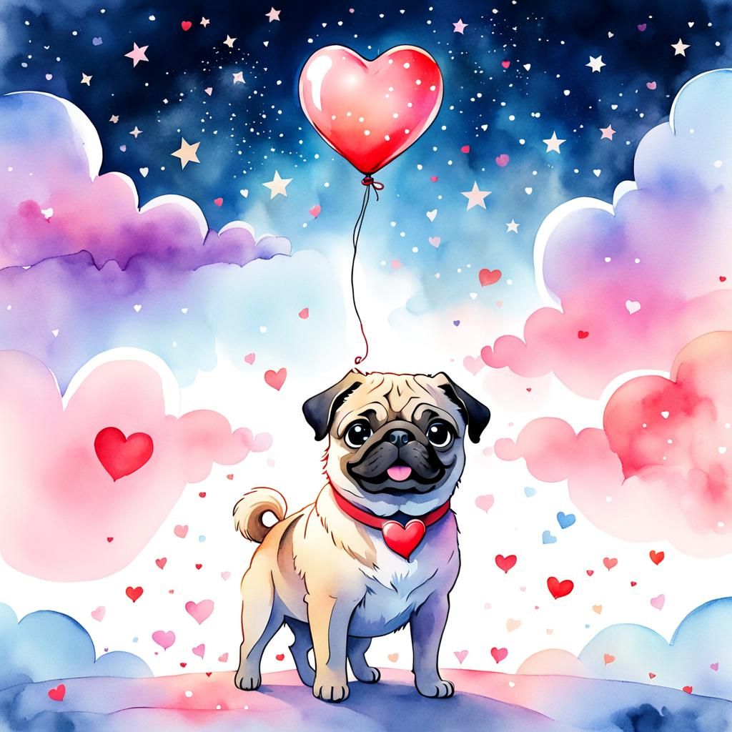 Pug with Heart Balloon in Watercolor Style